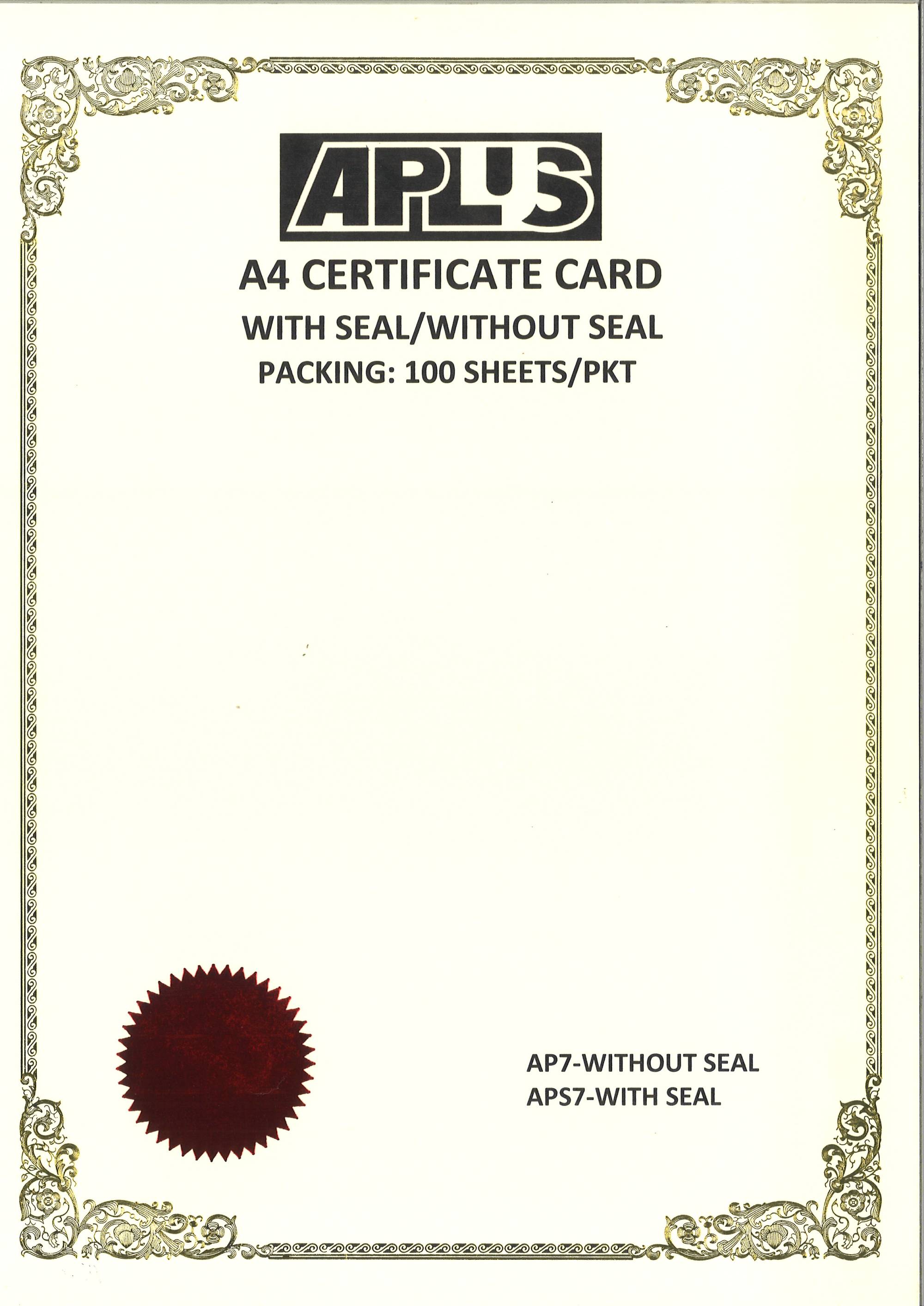 A4 160GSM Aplus Certificate Card (With Seal) 100'sAPS7